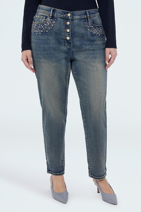 Fiorella Rubino, Blugi cu croiala conica, aspect decolorat si aplicatii cu strasuri, Alb fildes/Albastru prafuit