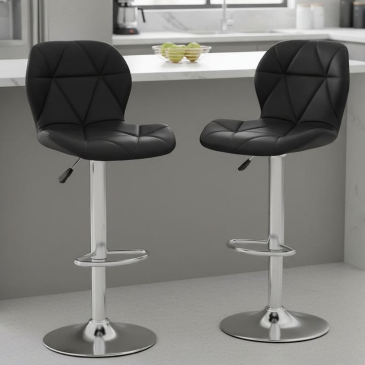 Set 2 x Scaun de Bar Inalt Cu Spatar KD Home® Velvet Rise 360, Rotativ, Picior din Metal, Piele Ecologica, Inaltime Reglabila 60-80 cm, Baza Cromata, Suport Picioare Fix, Pentru Bucatarie sau Living, Negru
