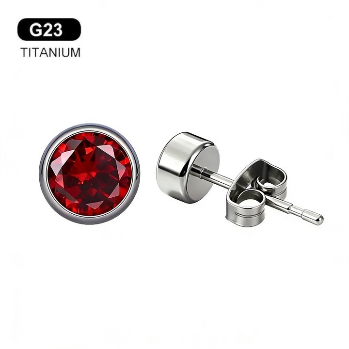 Cercei Medicinali din Titan G23 Fara Placat, Diva4u®, 100% Titan G23/5A Zircon Rosu 5 mm, Colorfast, Poate fi purtat in timpul baii si al somnului