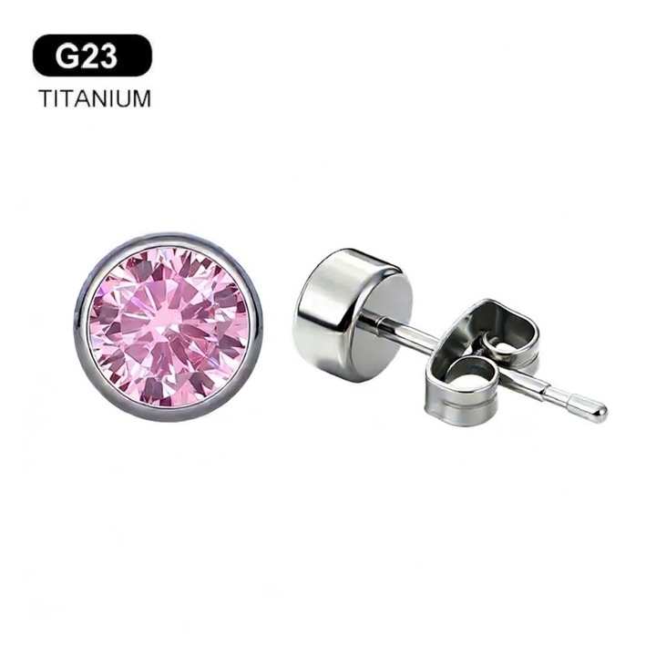 Cercei Medicinali din Titan G23 Fara Placat, Diva4u®, 100% Titan G23/5A Zircon Roz 5 mm, Colorfast, Poate fi purtat in timpul baii si al somnului