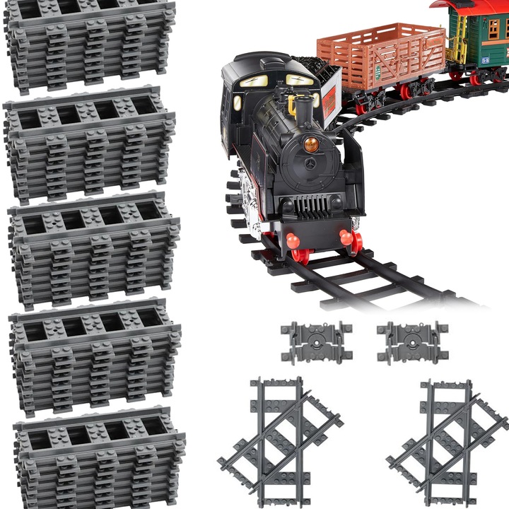Set Sine de Constructie pentru Trenuri, Excitat®, 42 buc, fundatie stabila, Compatibil cu LEGO, ABS, City, 38 de sine drepte, 2 sine de intersectie stanga-dreapta la 45°, 2 sine flexibile