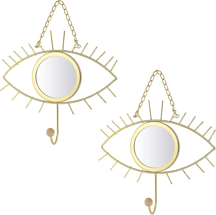Set 2 oglinzi decorative de perete, forma de ochi, aurii, 29x32cm