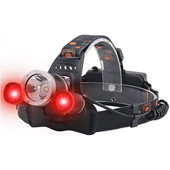 Lanterna frontala reincarcabila, 5000 lumeni, 3 moduri de iluminare, lumina alba si rosie, set cu 2 baterii 18650, impermeabila IPX4