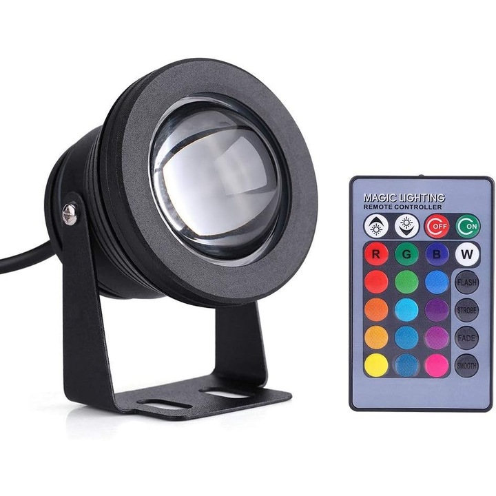 Proiector LED RGB pentru gradina, waterproof, 10W, 30cm, negru, set cu telecomanda