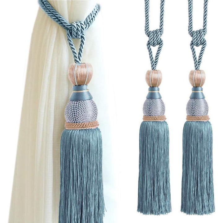 Legatori de perdea din franjuri, set de 2, albastru paun, lungime totala 71 cm, lungime franjuri 20 cm, lungime sfoara 40 cm