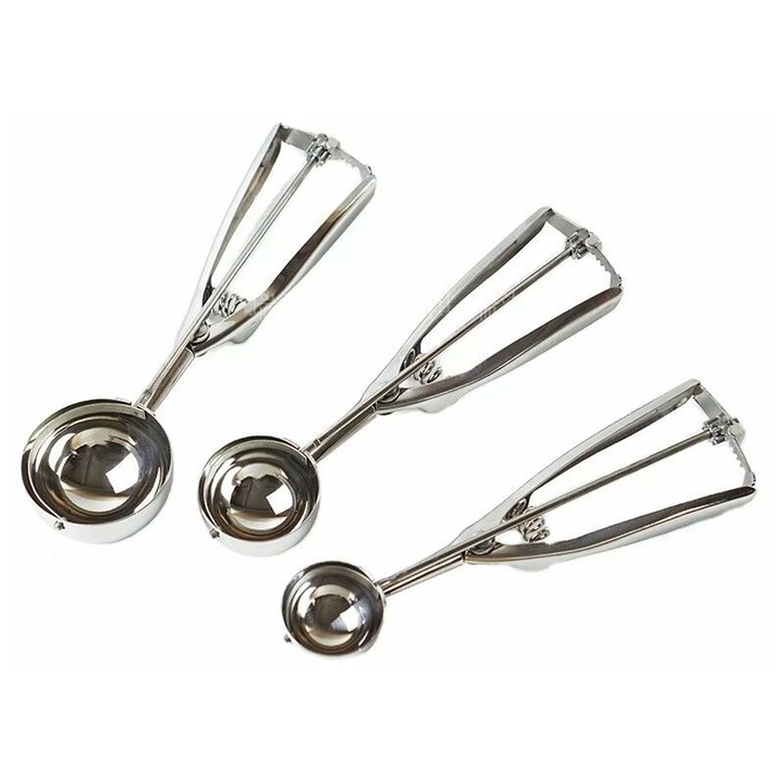 Polonice de inghetata din otel inoxidabil, set de 3 bucati, dimensiuni 4cm, 5cm, 6cm, utilizare pentru inghetata si fructe