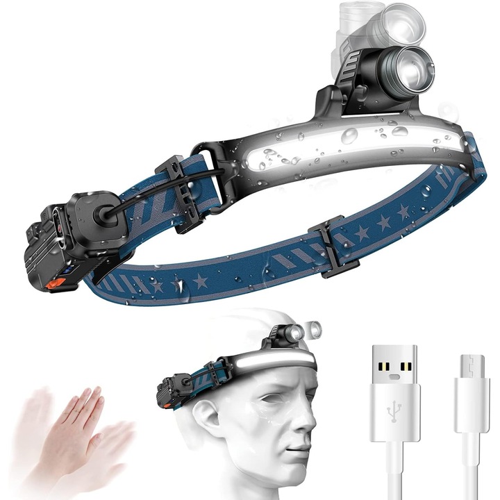 Lanterna LED reincarcabila, 2000 lumeni, 6 moduri, cap ajustabil, impermeabil IPX65, pentru camping, alergare, drumetii