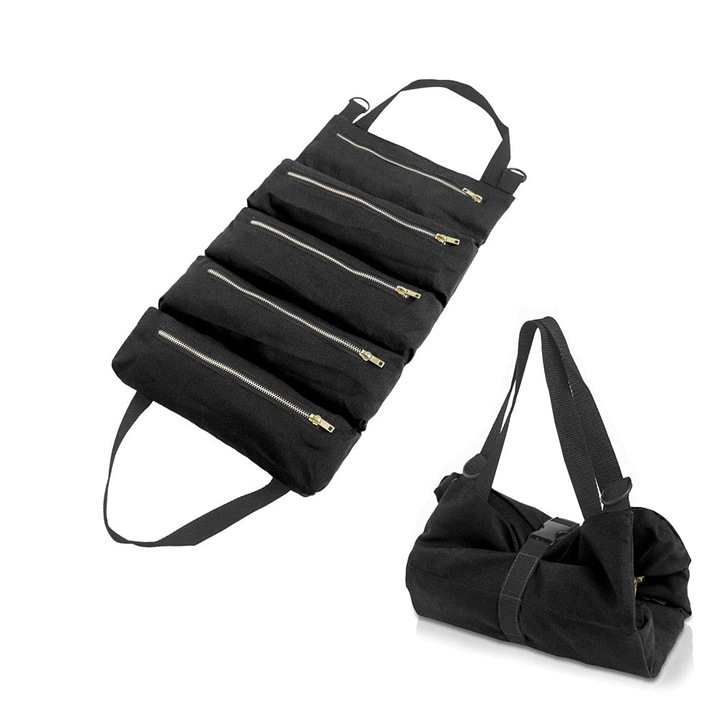 Vászon szerszámtáska, 5 zsebbel, nagy kapacitású, 48x28cm, fekete