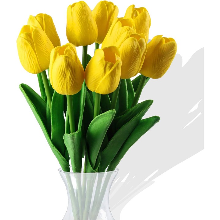 Buchet 10 flori artificiale lalele, galbene, 35cm, decoratiuni pentru petreceri, nunti, birouri