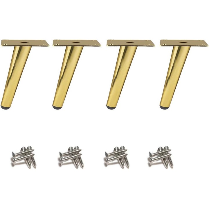 Set 4 picioare de masa inclinate, otel inoxidabil 201, finisaj auriu, 10cm inaltime, pre-gaurite, cu suruburi din otel inoxidabil