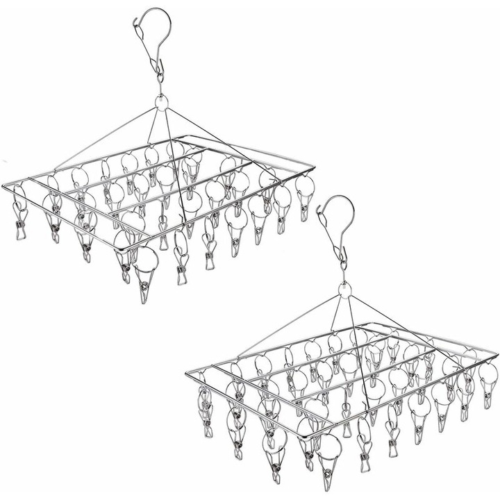 Set de 2 suporturi de uscare pentru haine, clipsuri multifunctionale pentru sosete, 40x30cm, 30 clipsuri