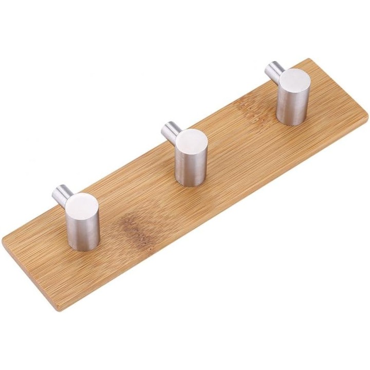 Suporturi adezive din bambus cu carlige din inox set de 3, capacitate 3 kg, pentru baie si bucatarie