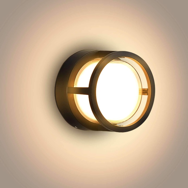 LED fali lámpa 12W, alumínium, kerek, fekete, 12cm x 16cm, beltéri, meleg fény