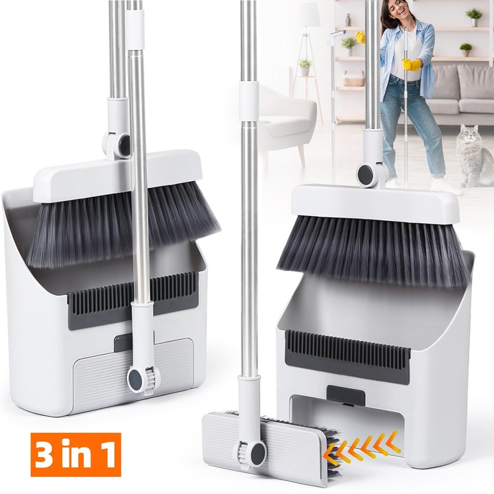 Set Matura si Faras 3 in 1, Bedee, Depozitare convenabila, Cap Matura Rotativ, Pliabil, Detasabil, Interior/Enterior, pentru curatenia casei, baie, bucatarie, Alb