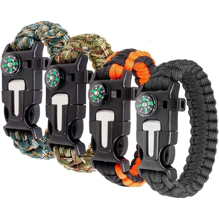 Bratara de supravietuire set 4 buc, bratara din cordon de umbrela, busola, starter de foc, multicolor