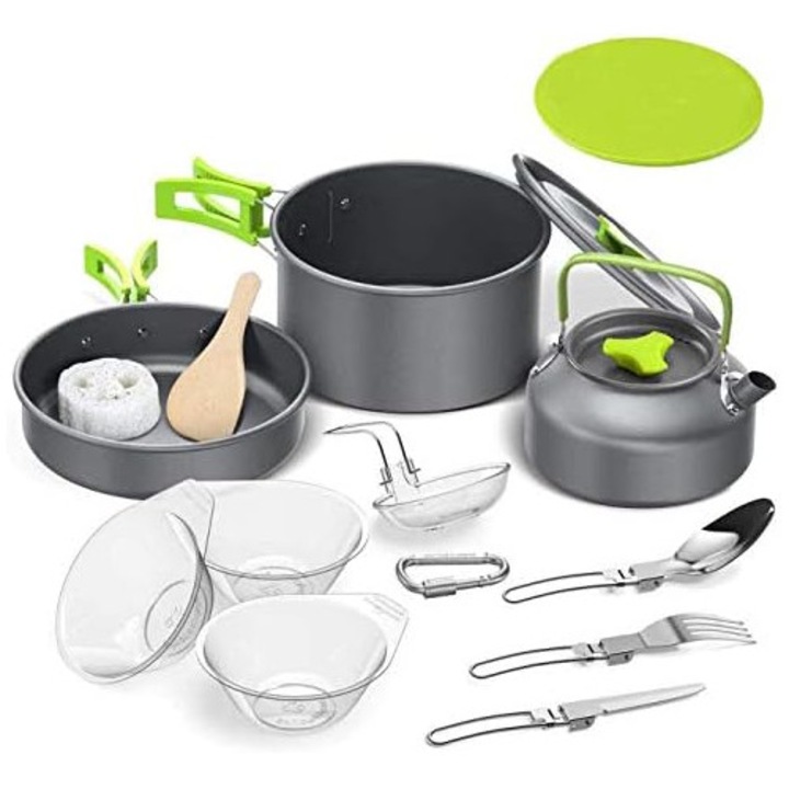 Set de vesela camping, 14 piese, aluminiu, pentru 2-3 persoane, portabil, ideal pentru camping si picnicuri
