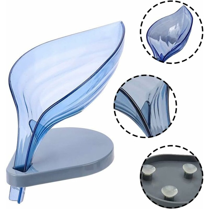 Suport pentru sapun, design frunza, albastru, cu ventuza, set de 1 bucata