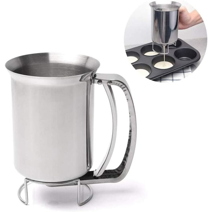 Dispenser de aluat din inox, pentru clatite, cu duza din silicon, design suport