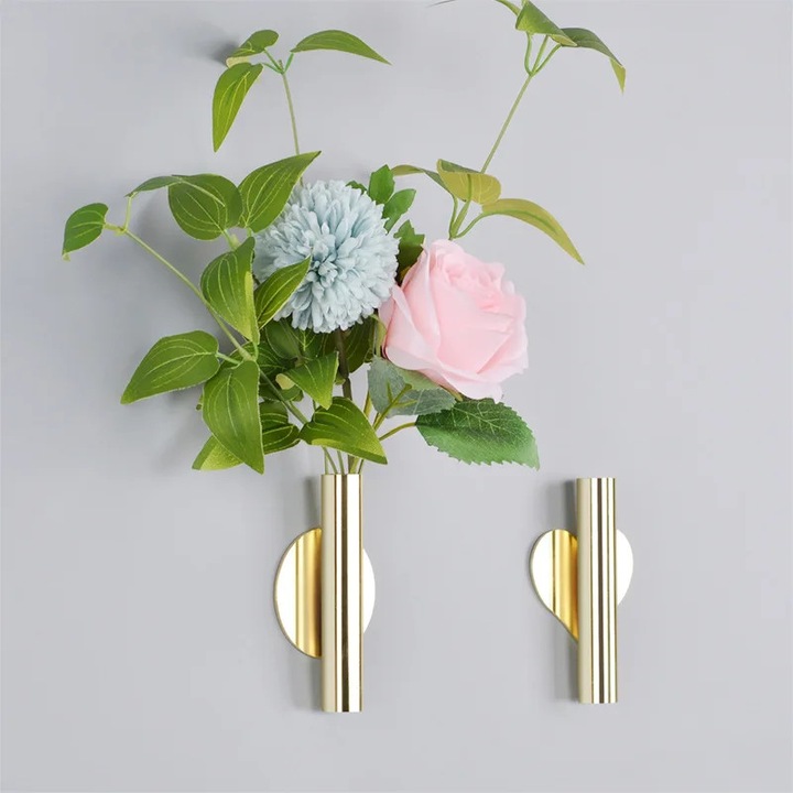 Set de 2 vaze suspendate creative, design flori aurii, metal, stil minimalist nordic, 85g