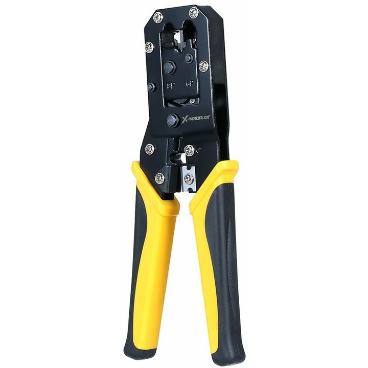 Cleste multifunctional pentru cabluri de retea 6P/8P, design ergonomic, material din otel carbon, manere din cauciuc antiderapant