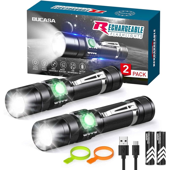 Lanterna LED reincarcabila, 3000 lumeni, 4 moduri, zoomabila, 13.5x3x3cm, set de 2 bucati
