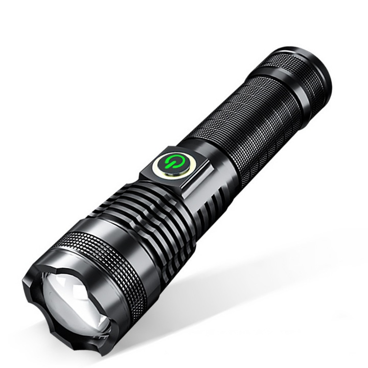 Lanterna P50 din aliaj de aluminiu, 1200 lumeni, neagra, cu acumulator 18650, set complet