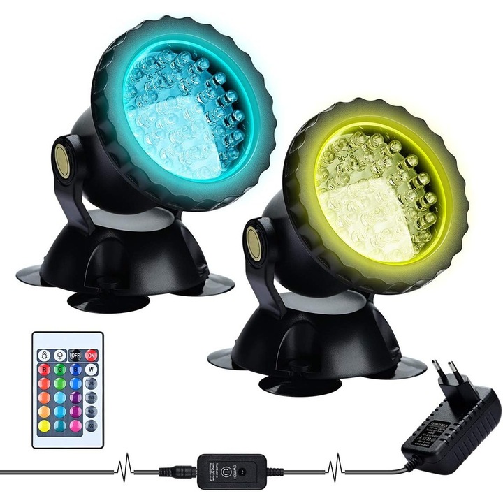 Lumina LED submersibila RGB, proiector acvariu, impermeabil IP68, set 2 bucati, 36 LED-uri, 12V, pentru gradina, iaz, fantana