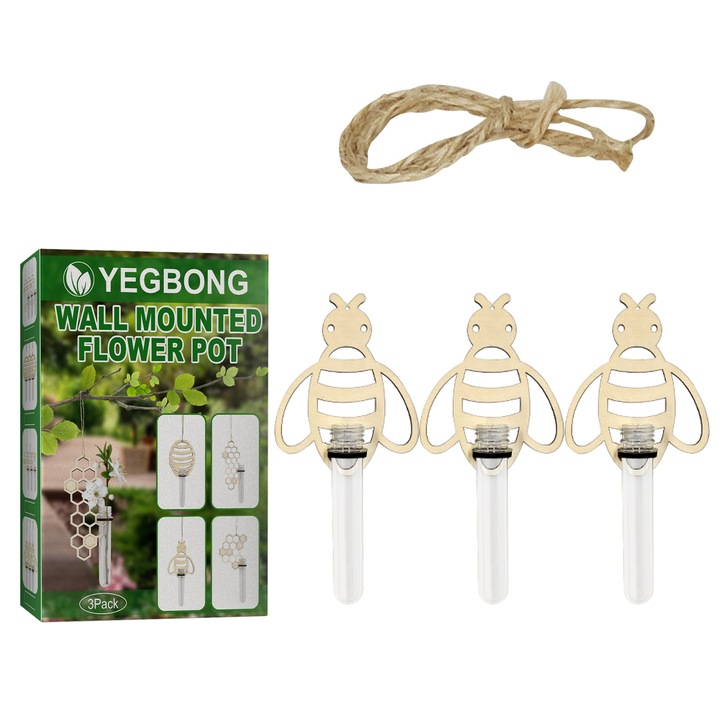 Vaza suspendata pentru flori, set de 3, lemn masiv, stil retro, 25cm