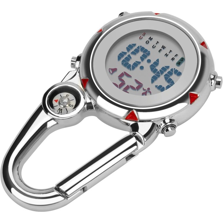 Többfunkciós karabineres óra, világító számlap, rozsdamentes acél, szabadtéri tevékenységekhez