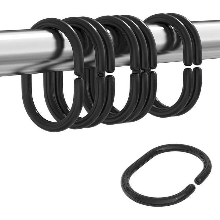 Set 24 inele pentru perdea de dus, plastic, design C, 6x4cm, negru
