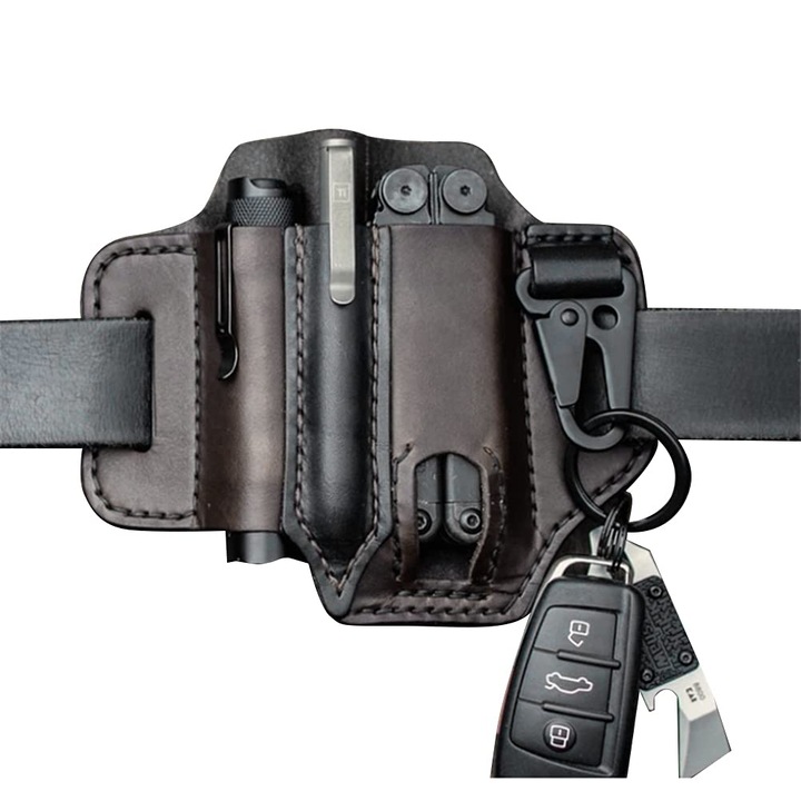 Bőr rendszerező, multifunkcionális szerszámtartó, övcsipesz, fekete színű, 10x15x5cm