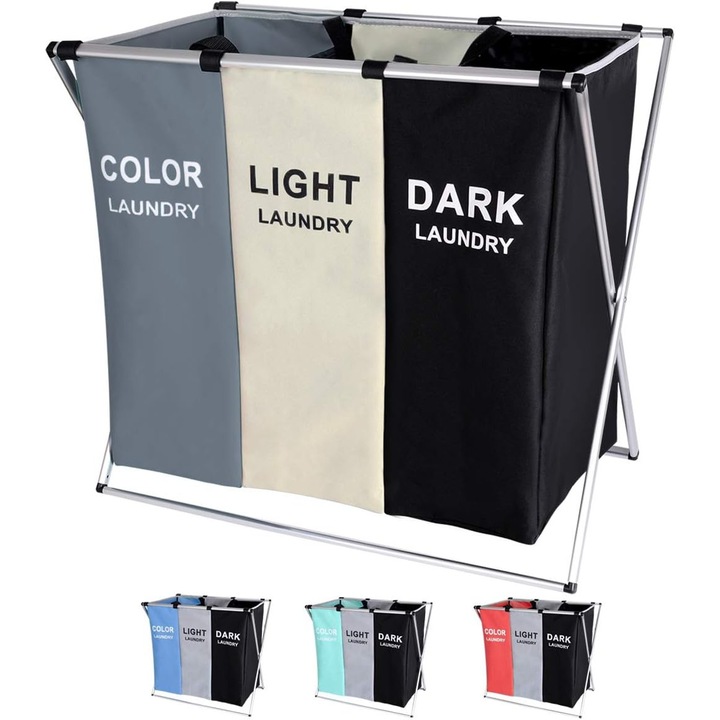 Cos pentru rufe 135L, 3 compartimente, cos pliabil cu cadru din aluminiu, alb, negru, gri