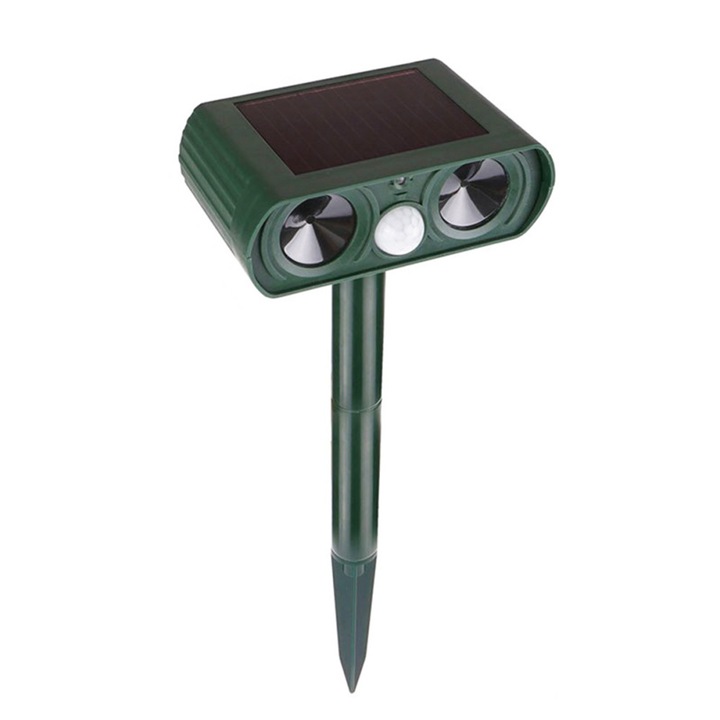 Repelent pentru animale, solar, waterproof, ultrasunete si LED, 3 moduri de frecventa, set ajustabil