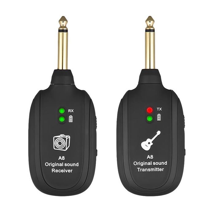Vezeték nélküli gitár audiorendszer, vezeték nélküli vevő, újratölthető adó, 4 darabos készlet, fekete