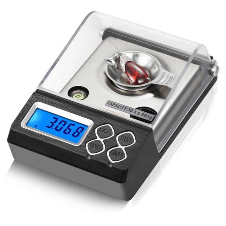 Cantar digital de precizie, 20g/30g/50g, 0.001g, ecran LCD albastru, portabil