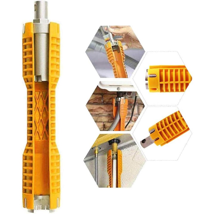 Cheie multifunctionala pentru robinete, unelte de inlocuire si reparare chiuveta, galben
