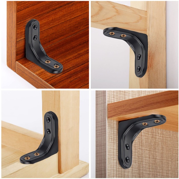 Set 6 coltare din otel inoxidabil, suporturi unghiulare, pentru rafturi, dulapuri, mese, culoare neagra