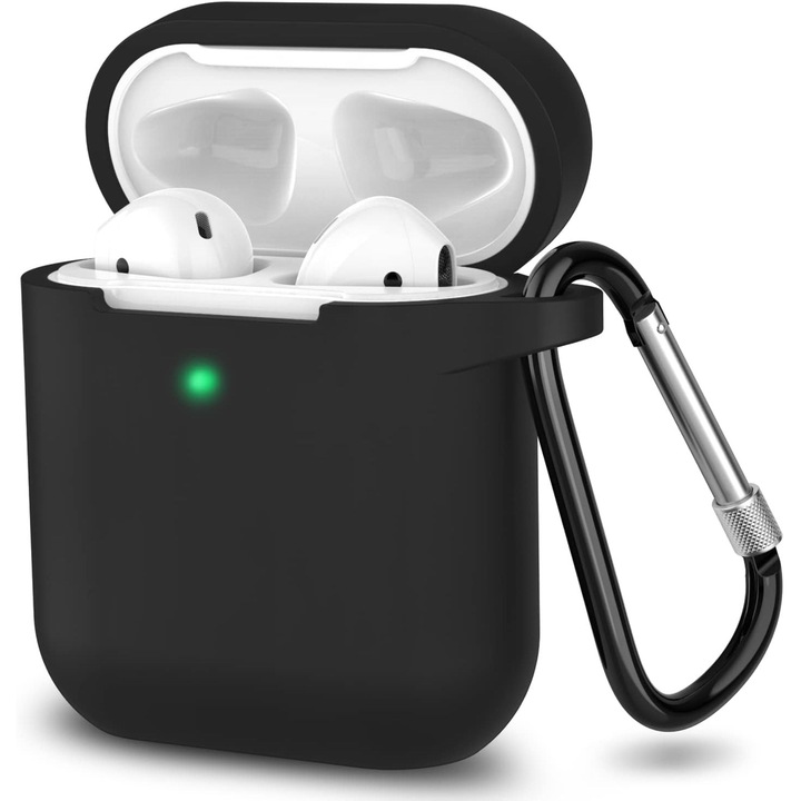 Husa pentru AirPods, 360 Protectie, Silicon Premium, Negru, Set cu carabina