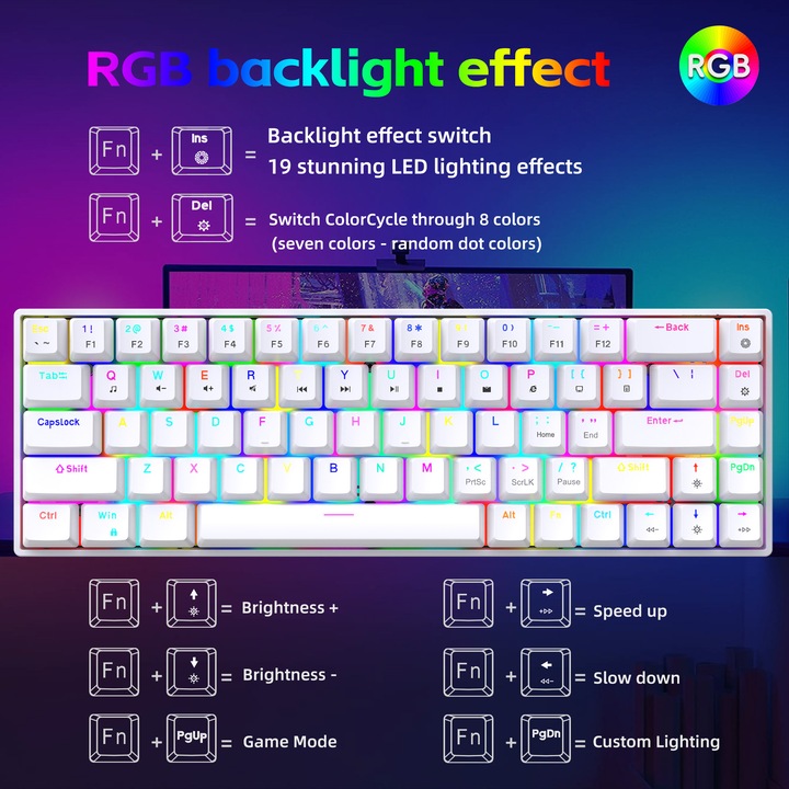 Клавиатура Gaming, 60%, RGB, LED светлини, 68 клавиша, с Type-C кабел, Red Axis суичове и 3 резервни клавиша, USB-C, Anti-Ghosting, Компактна, Преносима, Бяла, RiKbo®