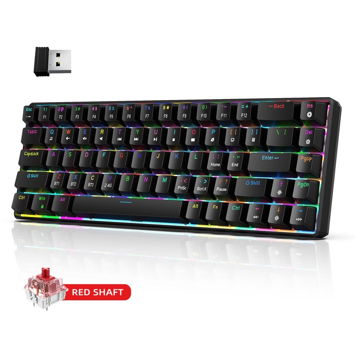 Механична геймърска клавиатура, 60%, RGB, Wifi 2.4Ghz, Bluetooth 5.0, LED светлини, 68 клавиша, с Type-C кабел, Red Axis суичове и 3 резервни клавиша, USB-C, Anti-Ghosting, Компактна, Преносима, Черна, RiKbo®