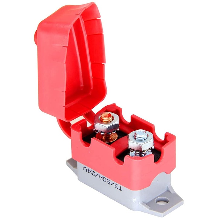 Sigurante electrice 50A, 12-28V DC, constructie bimetalica, cu capac de protectie, pentru vehicule speciale, barci, sisteme electrice marine