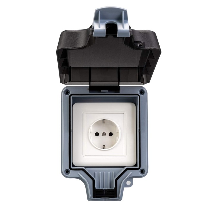 Priza exterioara dubla, IP66, design rezistent la apa, cu capac de blocare, 100% PC, pentru utilizare in gradina, parc, baie