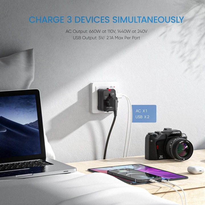 Adaptor de calatorie universal, 2 porturi USB, compatibil in peste 200 de tari, dimensiuni compacte