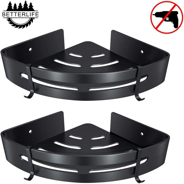 Suport coltar pentru dus, 2 piese, aluminiu, negru, 30.5x22.5x6cm, fara gaurire