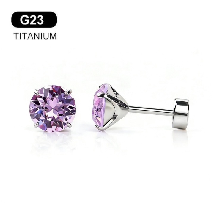 Cercei Medicinali din Titan F136 cu Swarovski Cristal Violet, Diva4u®, 100% Titan F136/6mm Cristal, Antialergic/Colorfast, Poate fi purtat in timpul baii si al somnului