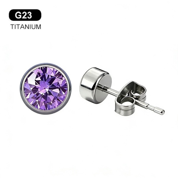 Cercei Medicinali Dama din Titan G23 Fara Placat, Diva4u®, 100% Titan G23/5A Zircon Violet 5 mm, Colorfast, Poate fi purtat in timpul baii si al somnului