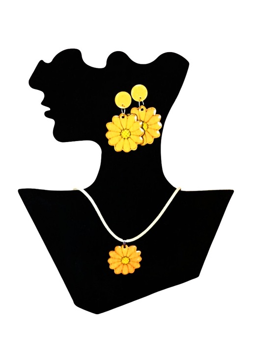 Set de bijuterii pentru femei, galben, cercei si pandantiv cu diametru 3 cm, snur suede 45 cm