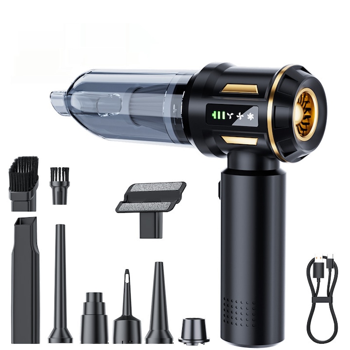 Портативна прахосмукачка 2 в 1 Aiorber, функция за изсмукване и издухване, безчетков мотор, 16 000 Pa, 2000 mAh, цифров дисплей, лек дизайн, черна