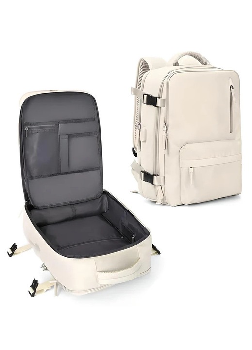 Rucsac de voiaj, DEYKAY, multifunctional, Port de incarcare USB, Compartimente multiple, Separare uscata si umeda, cu compartiment pantofi, Capacitate mare, Impermeabil, Unisex, Pentru laptop pana la 15.6'', 40x 30x15cm, Bej