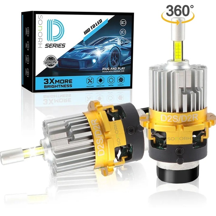 Xenon LED Izzók D2S, +600%, 30.000 Lumen, 3. Generációs LED-ek, 4 Oldal 360°, Canbus Plug&Play, 12V/24V, 2 Darab, 6500K Hideg Fehér, Ventilátor és Hűtőcső, 50.000 Óra, IP68 – SONORH®